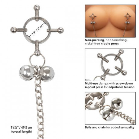 Металлические зажимы для сосков на цепочке Nipple Grips 4-Point Nipple Press with Bells