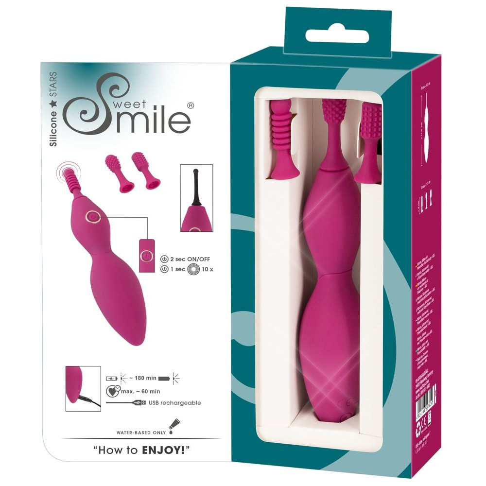 Ярко-розовый клиторальный вибратор с 3 насадками Spot Vibrator with 3 Tips - 17,9 см.