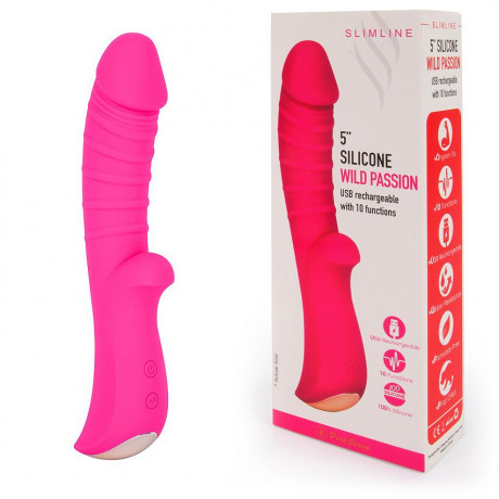 Ярко-розовый вибромассажер 5" Silicone Wild Passion - 19,1 см.