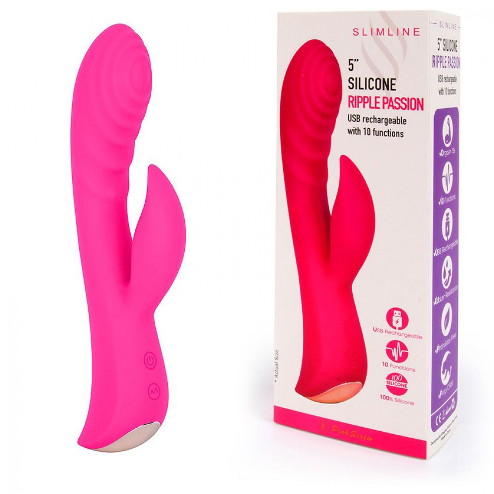 Ярко-розовый вибромассажер-кролик 5" Silicone Ripple Passion - 19,1 см.